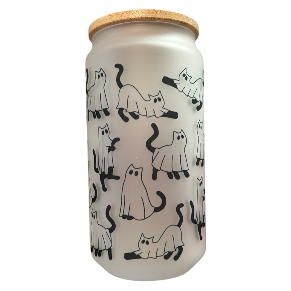 Ghost Kitties Handcrafted 16 Oz Glass Can Tumbler with Straw and Bamboo Lid